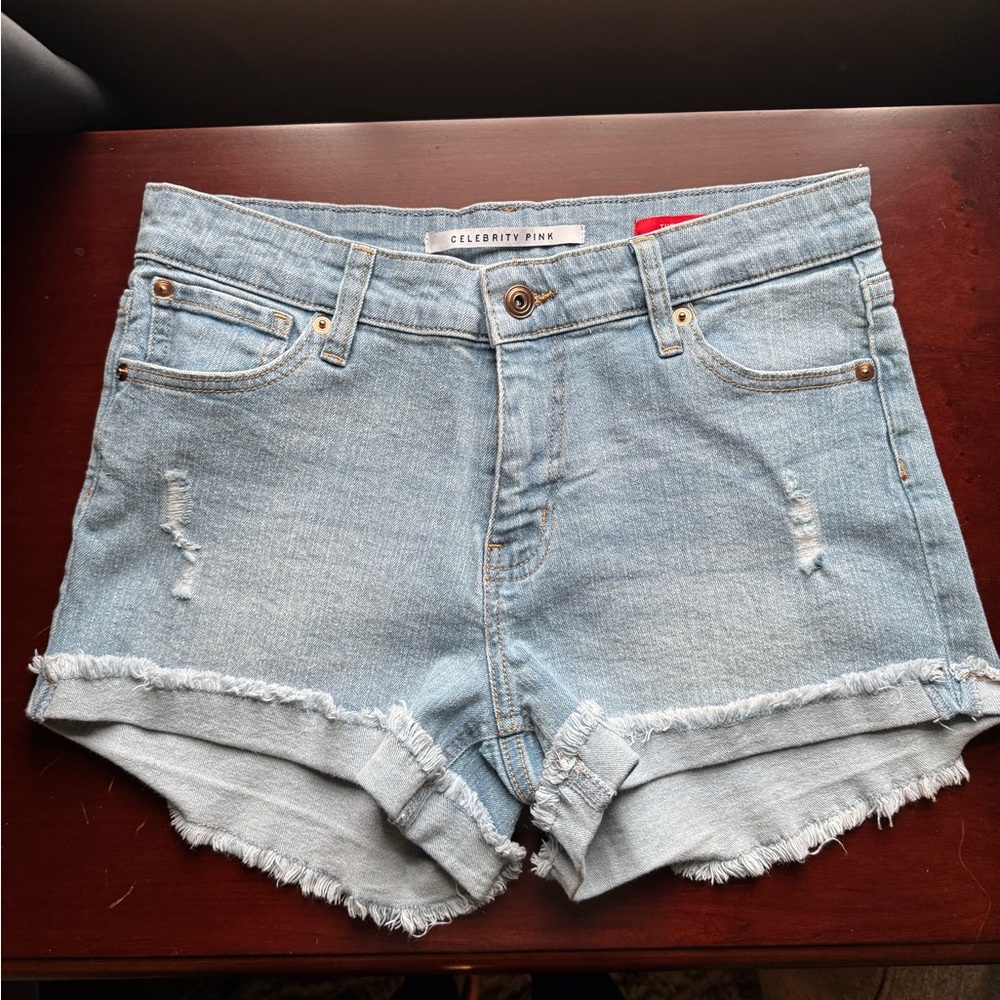 Celebrity Pink Blue Jean Shorts Distressed Frayed Hem